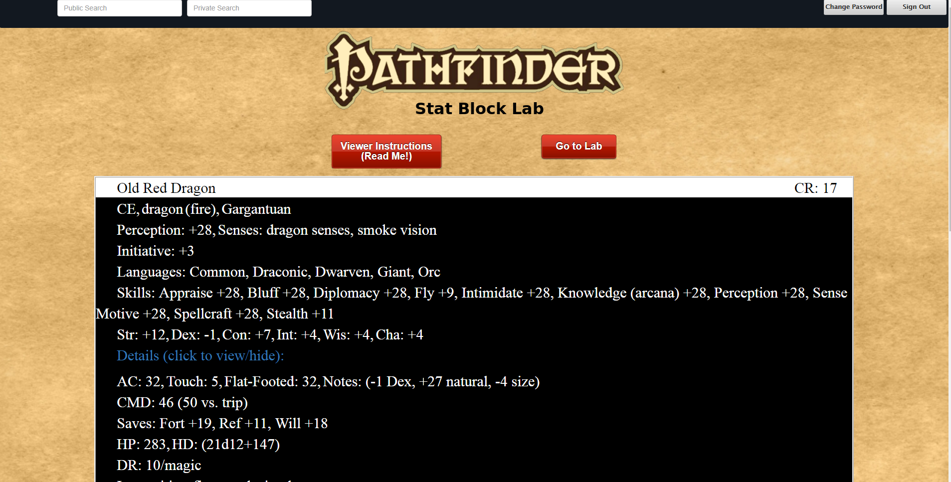 Pathfinder Stat Block Lab